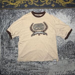 Vintage Ecko Unlimited Tan Tee with Brown Trim and Rhino Crest